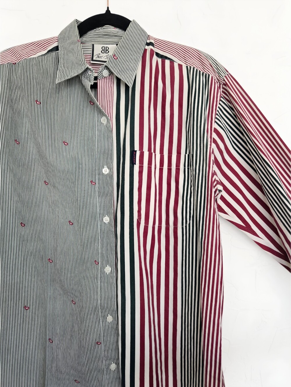 Vintage 90s Bill Blass Striped Paisley Maroon Green Button Up Top, S